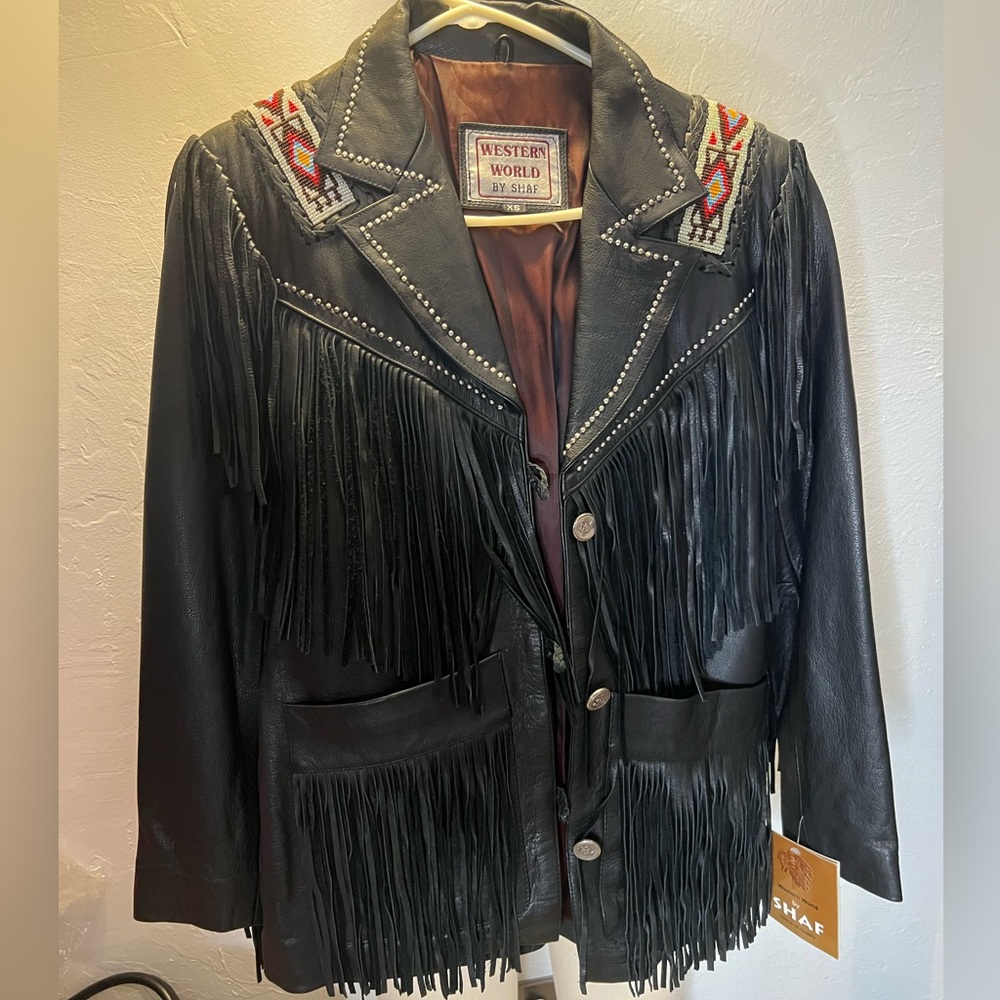 Western World by Shaf Vintage Black Leather Jacket with Fringe Tassels & Beaded - Picture 10 of 10